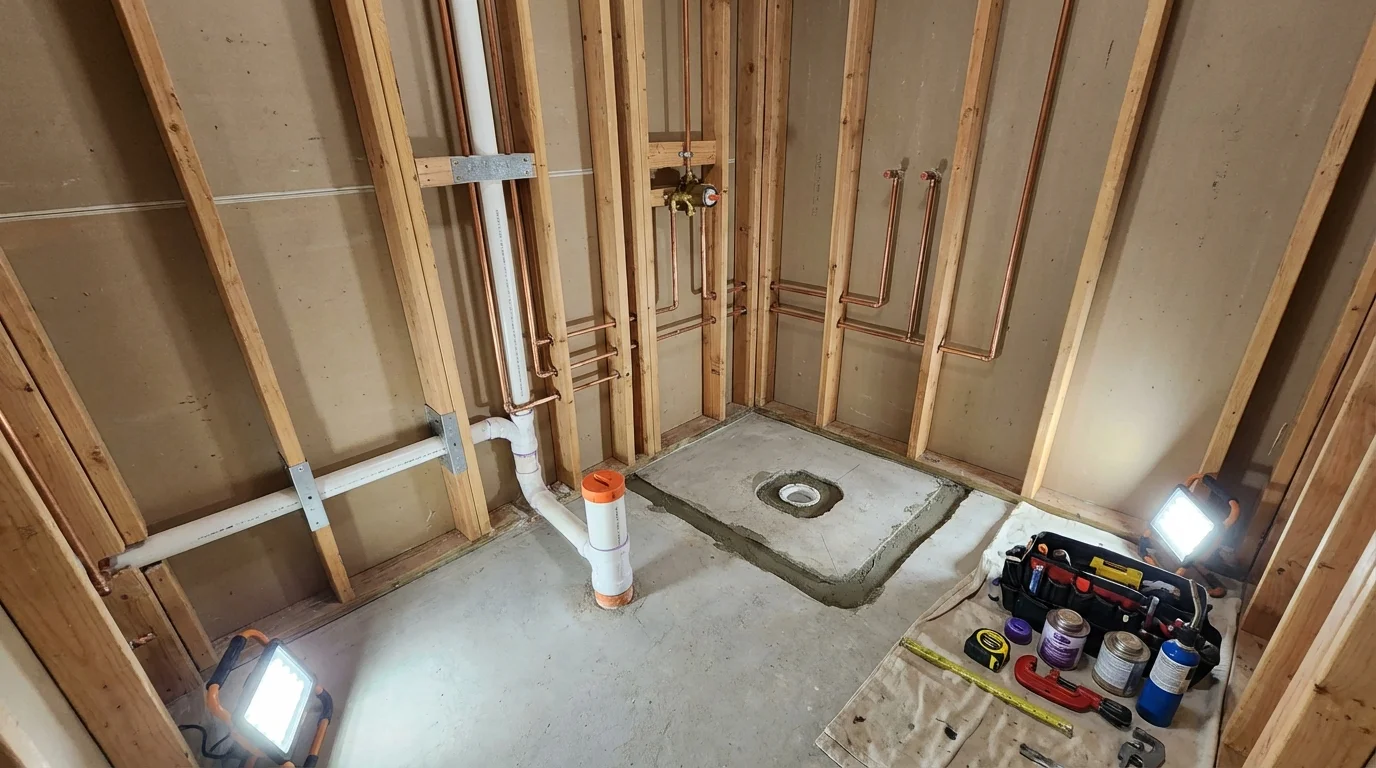 Bathroom rough-in plumbing during remodel by Johns Plumbing LLC in Honeoye Falls