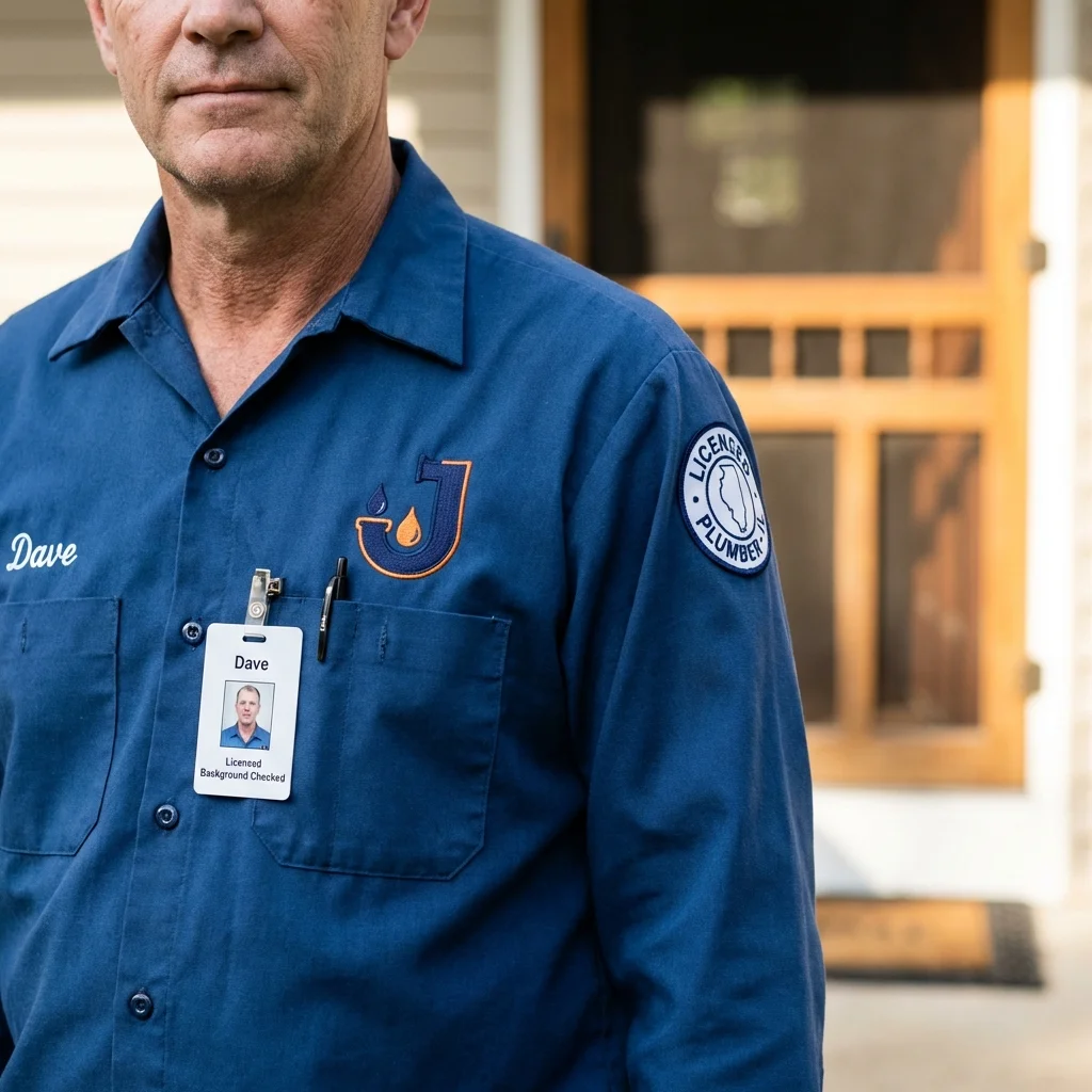 Licensed plumber showing ID badge in Honeoye Falls, NY