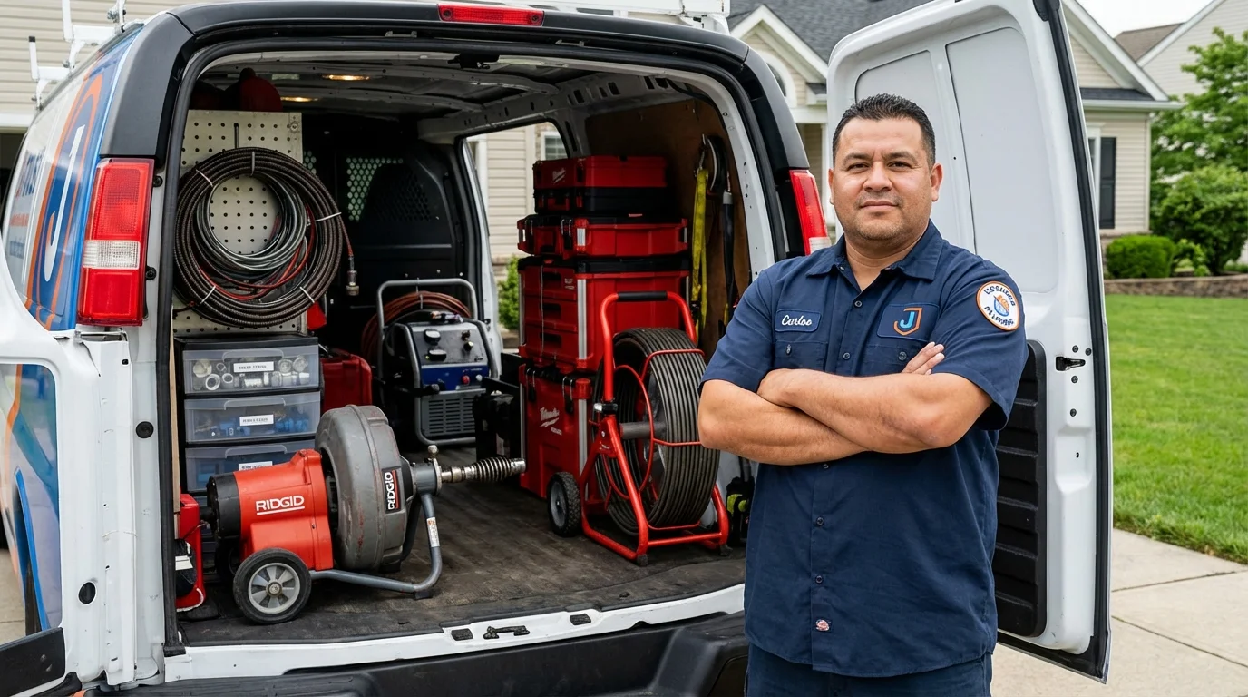 Professional drain cleaning equipment and Johns Plumbing LLC plumber in Honeoye Falls