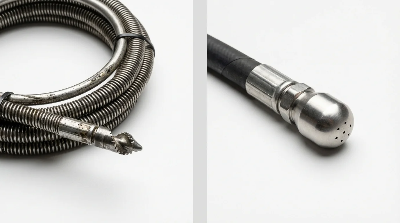 Drain snake cable and hydro jetting nozzle used for drain cleaning in Honeoye Falls, NY