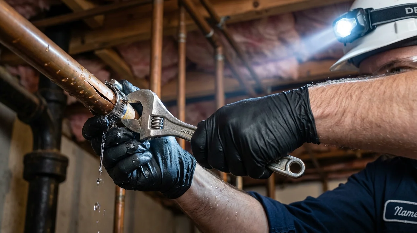 Emergency pipe clamp repair being performed by a Johns Plumbing LLC plumber in Honeoye Falls