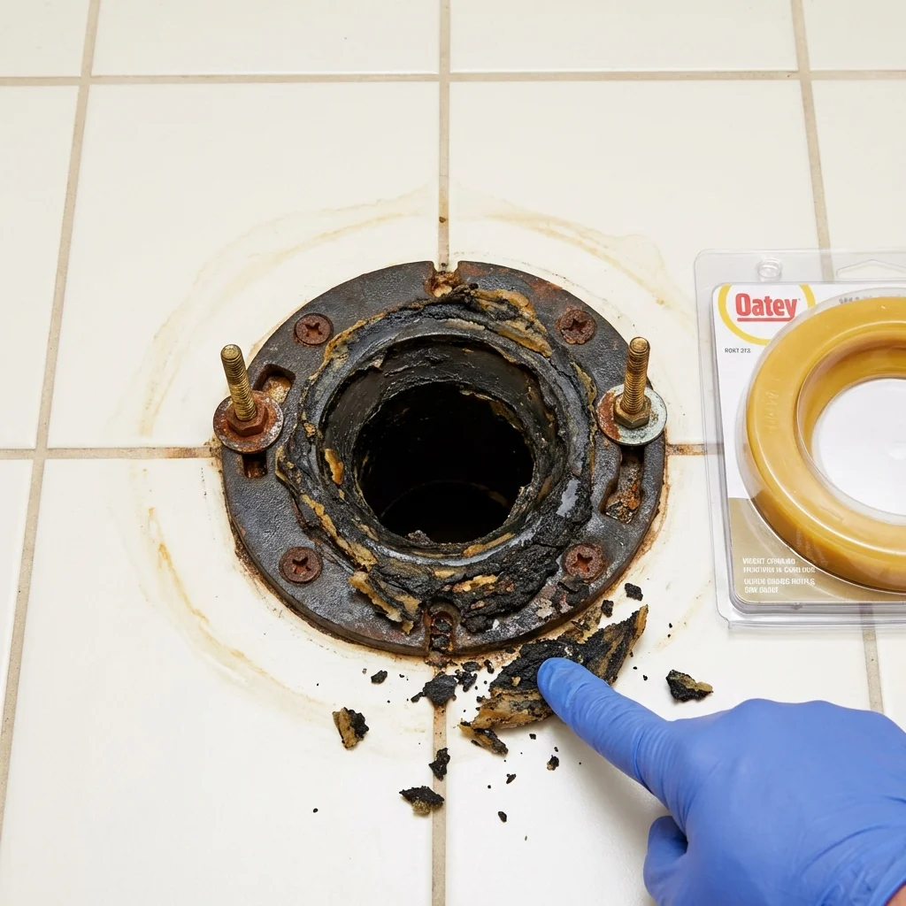 Failed wax ring showing water seepage at the base of a toilet in a Honeoye Falls, NY home