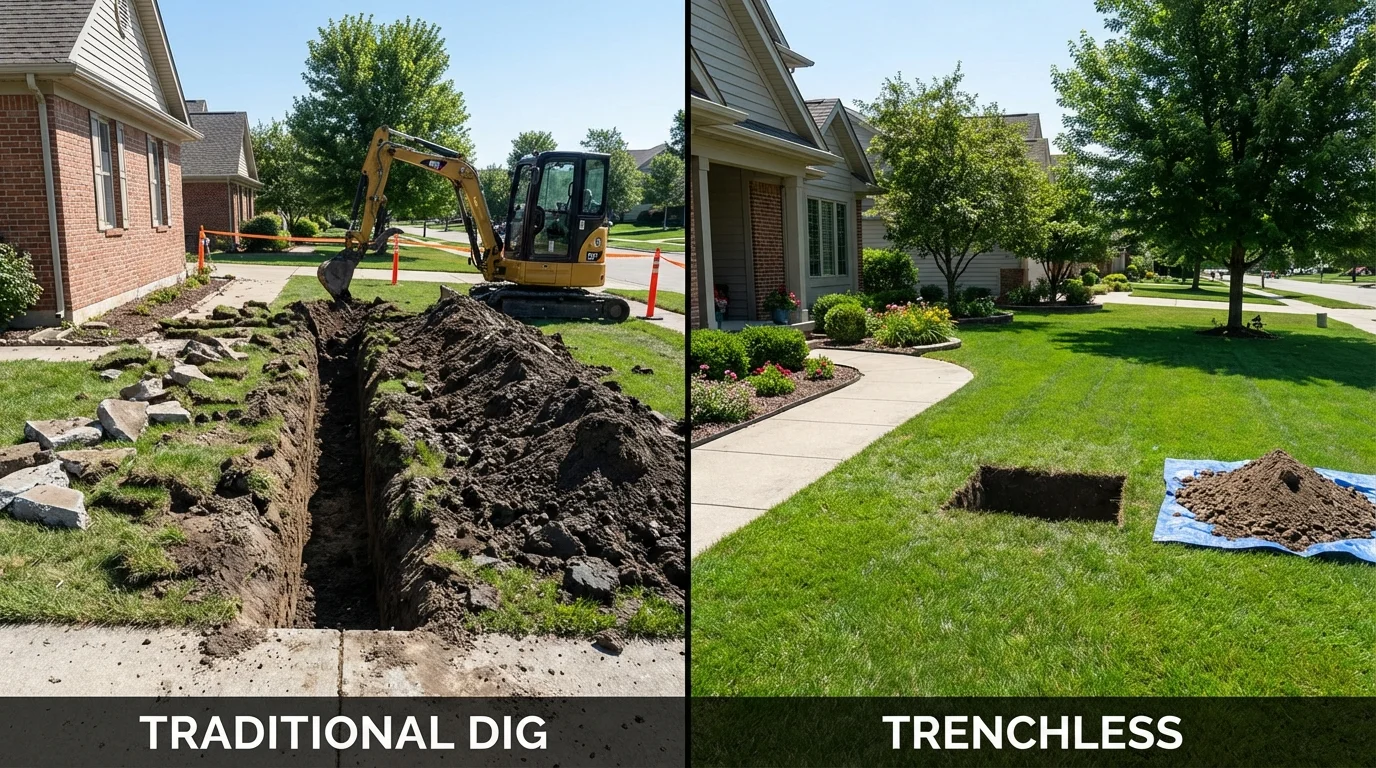 Trenchless sewer repair with minimal yard damage versus traditional excavation in Honeoye Falls, NY