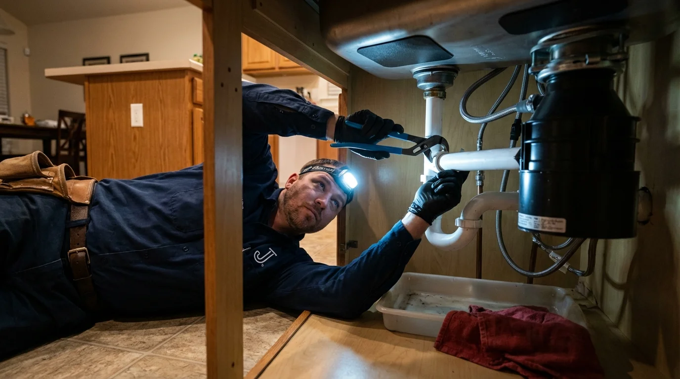 P-trap and supply line connections under a kitchen sink showing a common leak point in Honeoye Falls, NY